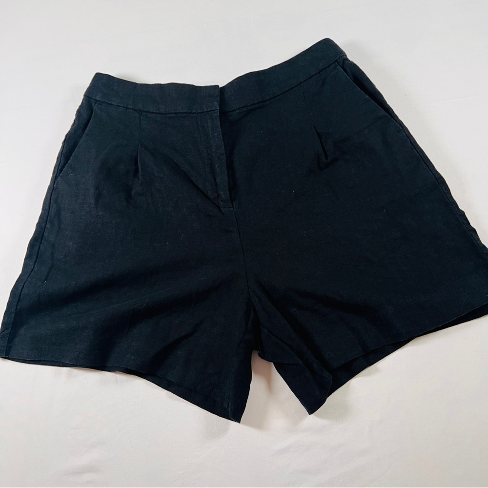 J.Crew Black Linen Blend Pleated High Rise Shorts Elastic Back Size 10